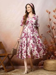 Magenta Floral Fit & Flare Cotton Maxi Dress – Shirt Collar – Gathered Detail