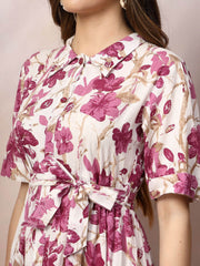 Magenta Floral Fit & Flare Cotton Maxi Dress – Shirt Collar – Gathered Detail