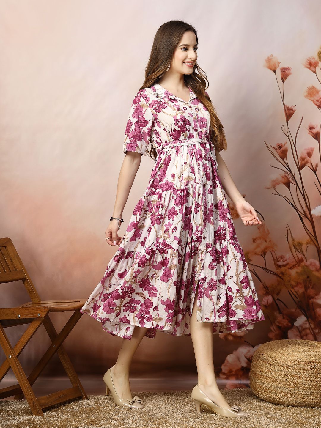 Magenta Floral Fit & Flare Cotton Maxi Dress – Shirt Collar – Gathered Detail