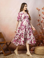 Magenta Floral Fit & Flare Cotton Maxi Dress – Shirt Collar – Gathered Detail
