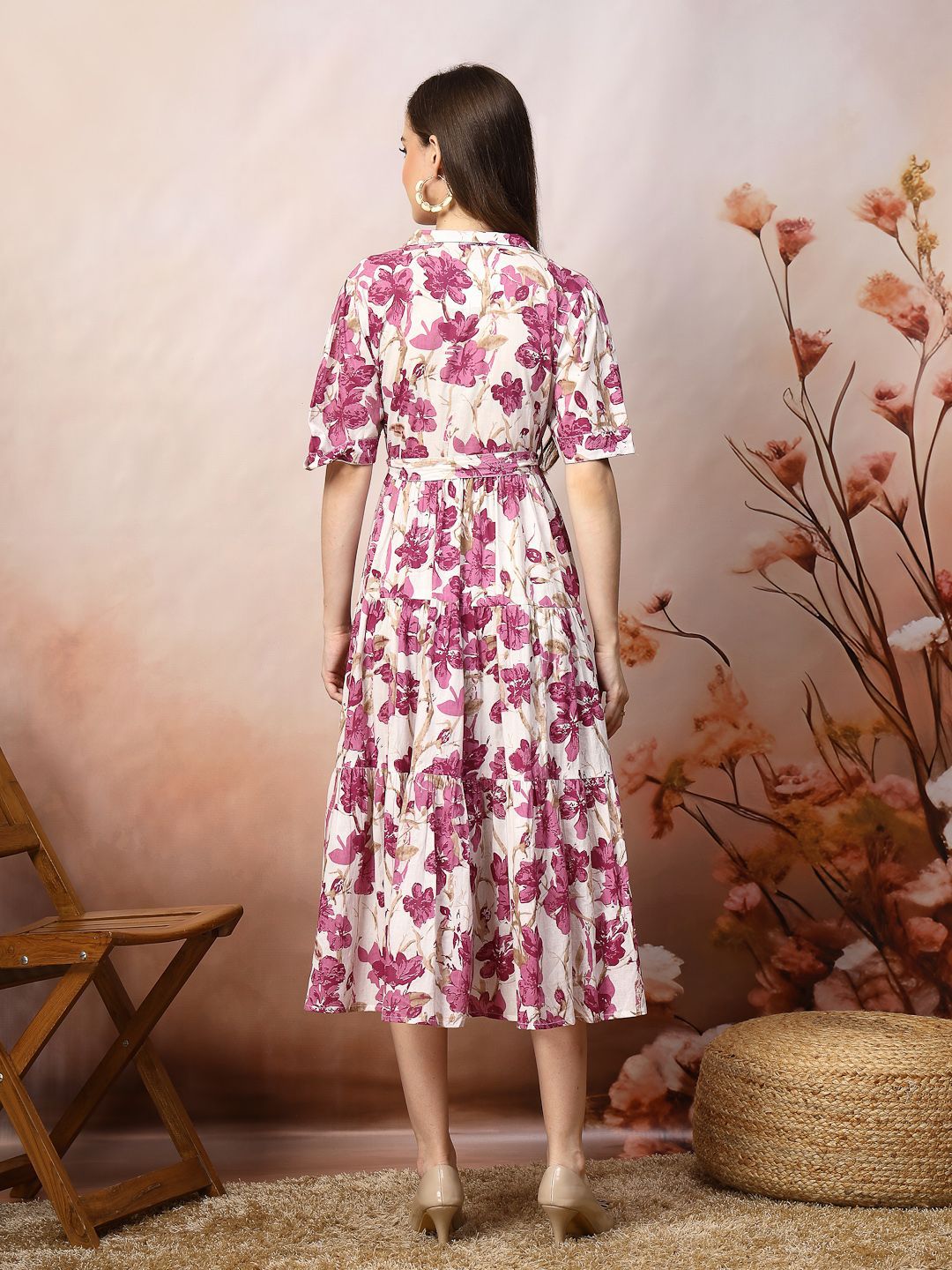 Magenta Floral Fit & Flare Cotton Maxi Dress – Shirt Collar – Gathered Detail