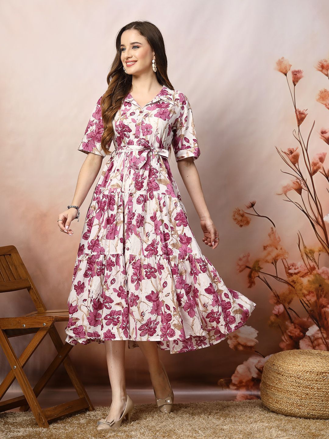 Magenta Floral Fit & Flare Cotton Maxi Dress – Shirt Collar – Gathered Detail
