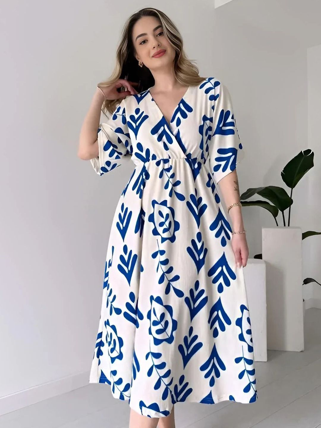 White Fit & Flare Cotton Midi Dress – V-Neck – Applique