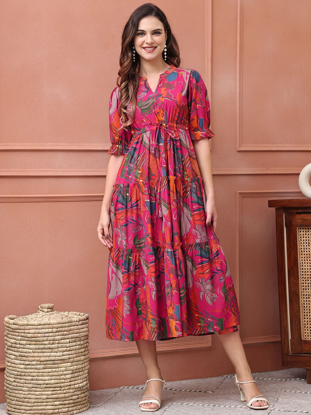 Pink Floral Print Poly Silk Fit & Flare Midi Dress – Mandarin Collar – Puff Sleeves
