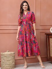 Pink Floral Print Poly Silk Fit & Flare Midi Dress – Mandarin Collar – Puff Sleeves