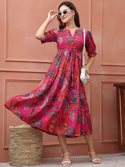 Pink Floral Print Poly Silk Fit & Flare Midi Dress – Mandarin Collar – Puff Sleeves