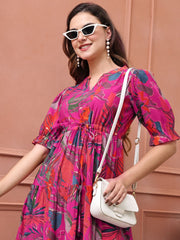 Pink Floral Print Poly Silk Fit & Flare Midi Dress – Mandarin Collar – Puff Sleeves