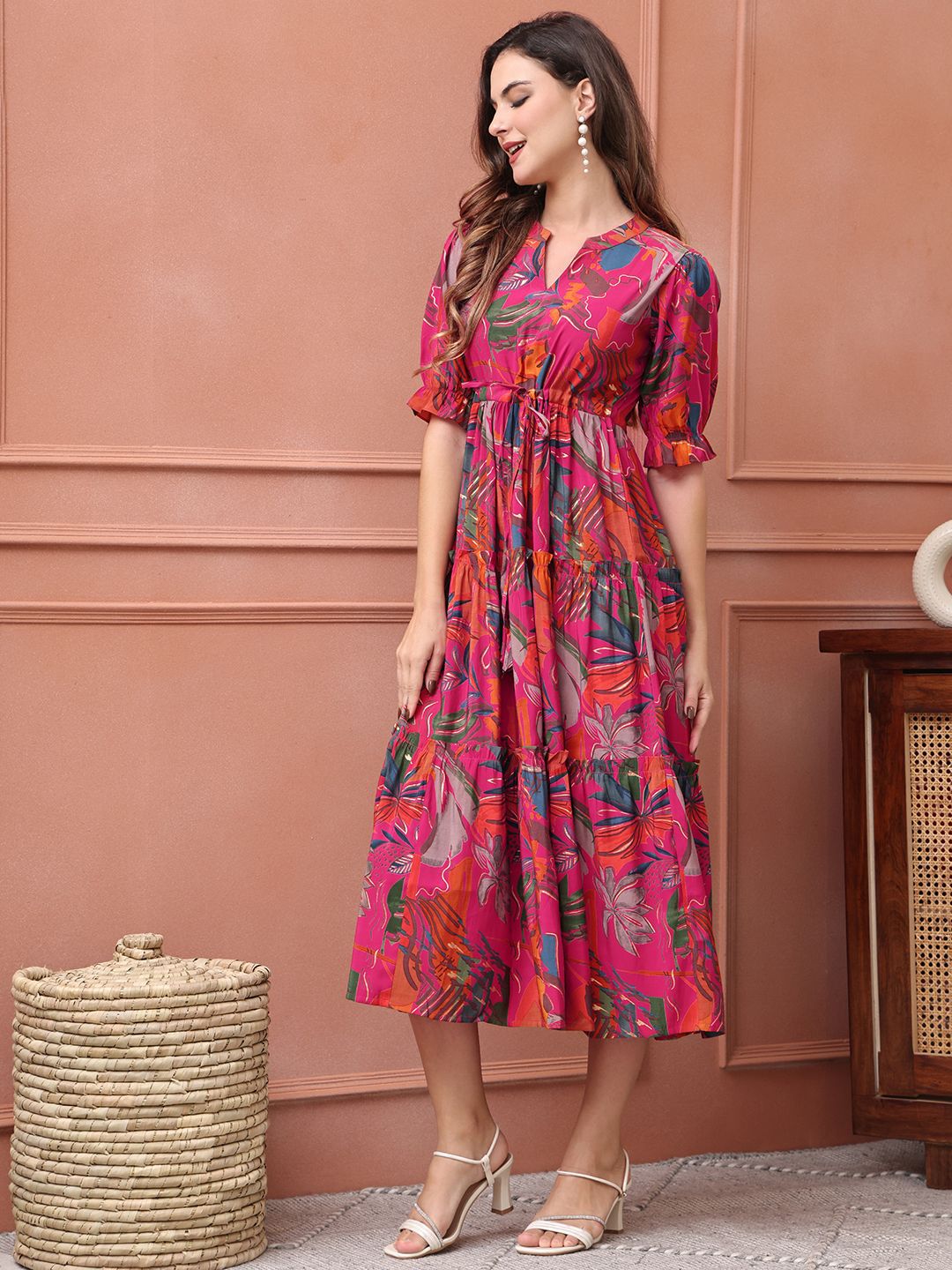 Pink Floral Print Poly Silk Fit & Flare Midi Dress – Mandarin Collar – Puff Sleeves