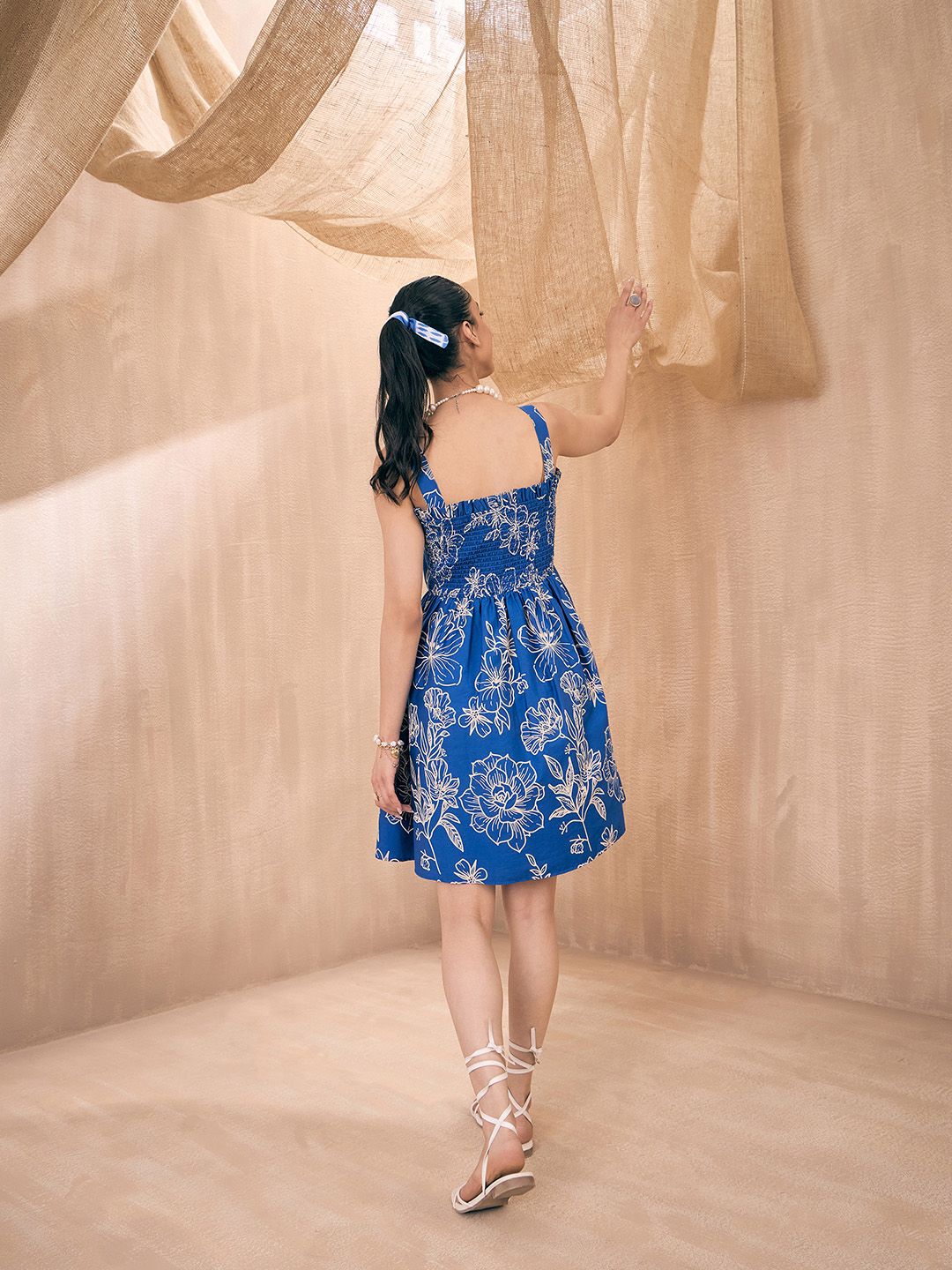 Blue Floral Printed Cotton Fit and Flare Dress – Square Neck – Smocked