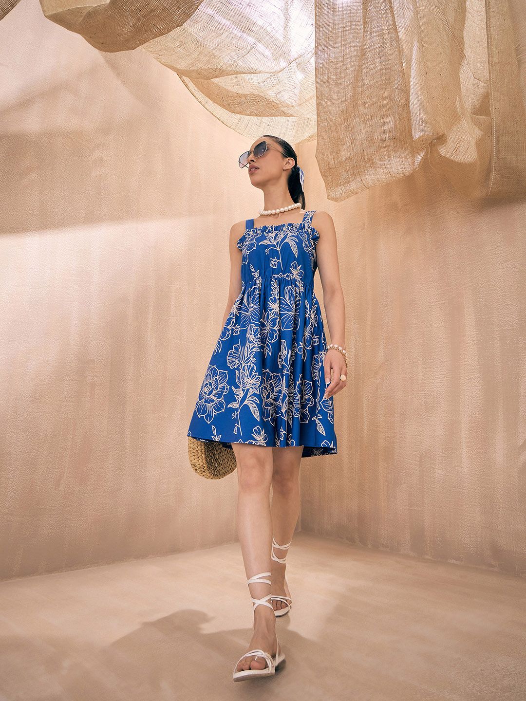 Blue Floral Printed Cotton Fit and Flare Dress – Square Neck – Smocked