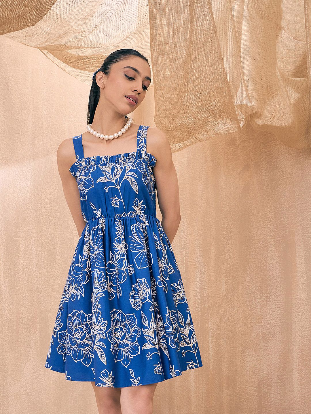 Blue Floral Printed Cotton Fit and Flare Dress – Square Neck – Smocked