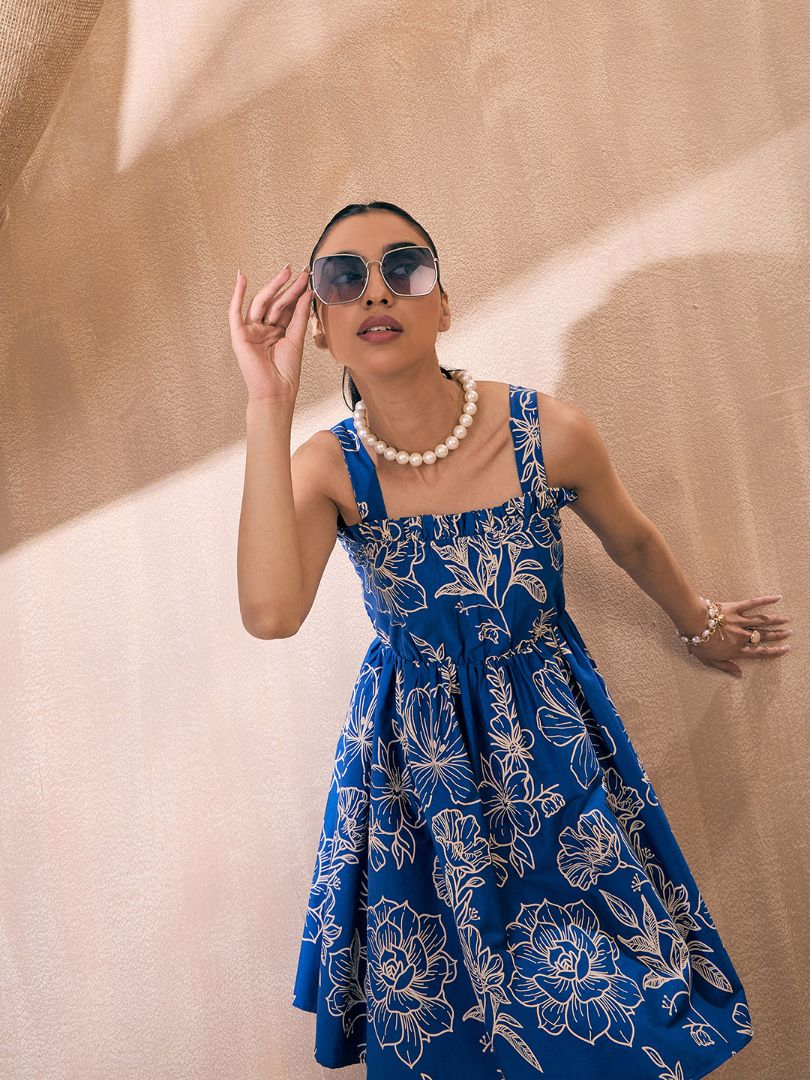 Blue Floral Printed Cotton Fit and Flare Dress – Square Neck – Smocked