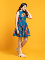 Blue Fit & Flare Georgette Dress – Halter Neck – Floral Printed