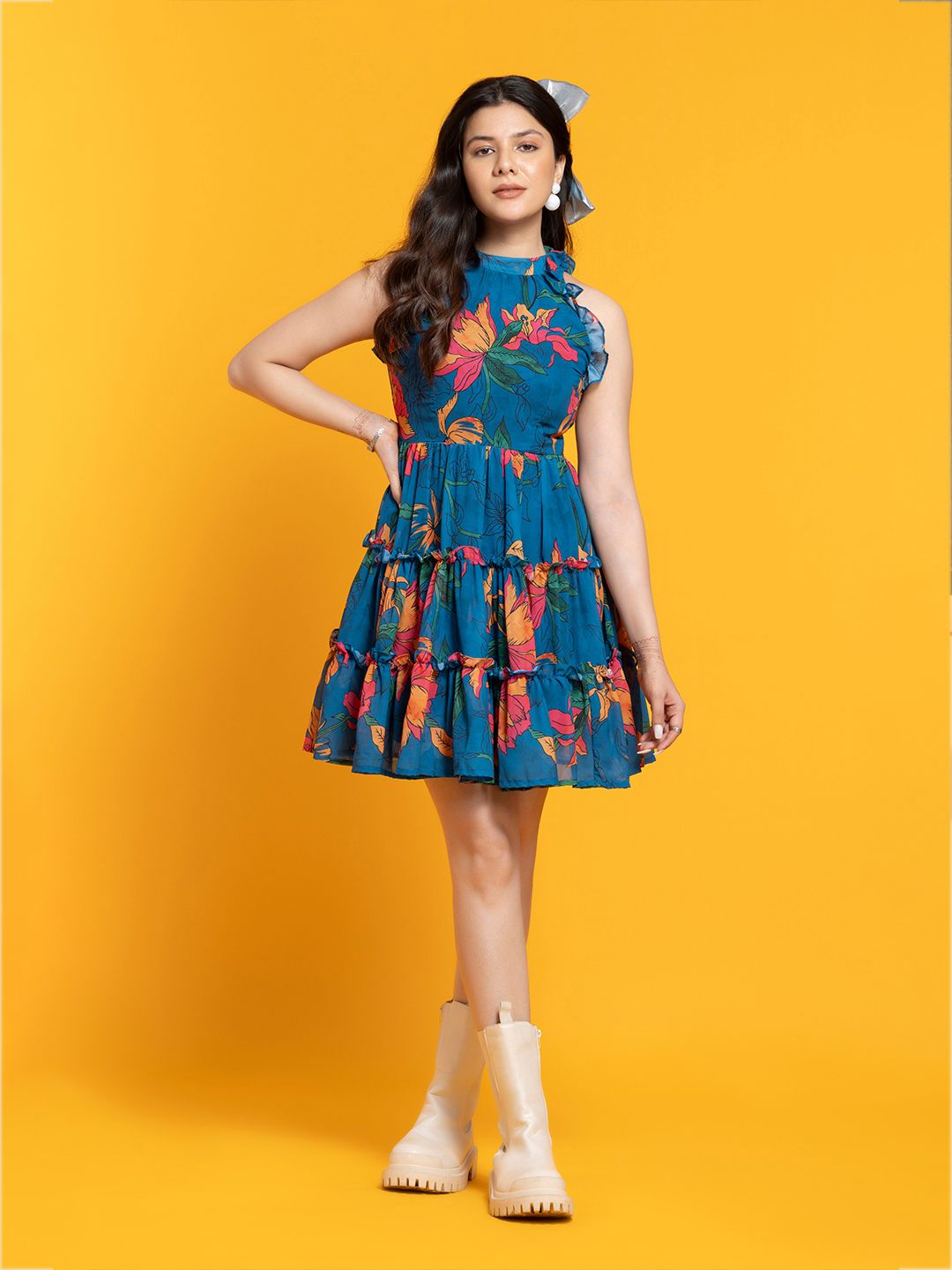 Blue Fit & Flare Georgette Dress – Halter Neck – Floral Printed