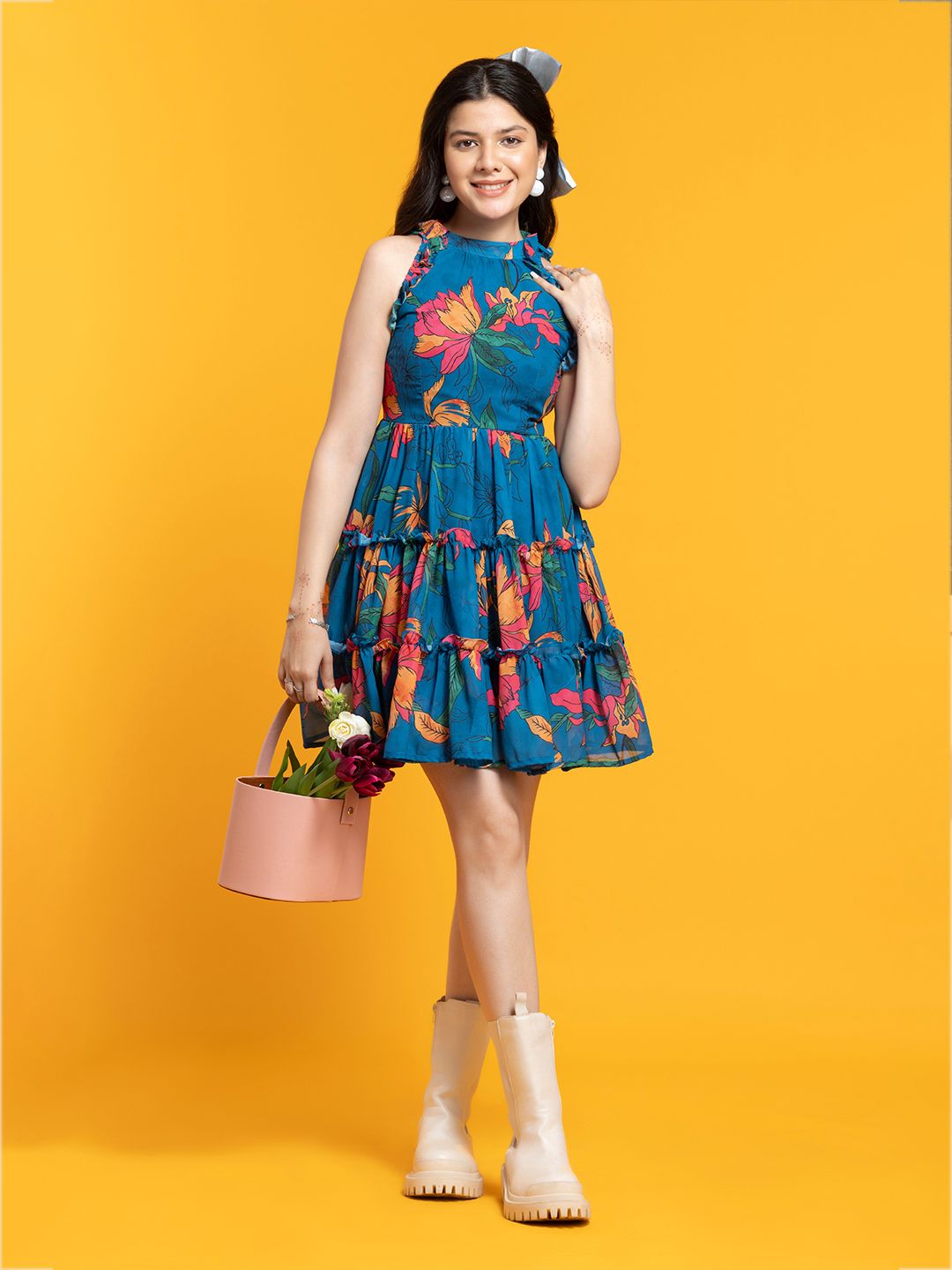 Blue Fit & Flare Georgette Dress – Halter Neck – Floral Printed