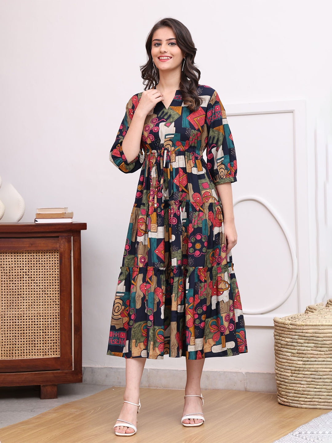 Black Abstract Print Poly Silk A-Line Dress – Mandarin Collar – Flared Hem