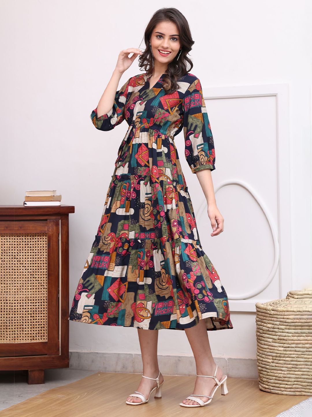 Black Abstract Print Poly Silk A-Line Dress – Mandarin Collar – Flared Hem