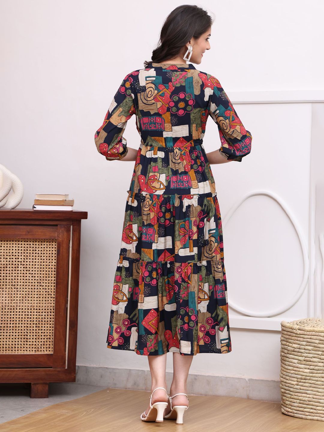 Black Abstract Print Poly Silk A-Line Dress – Mandarin Collar – Flared Hem