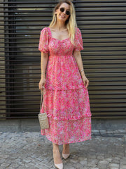 Pink Floral Fit and Flare Georgette Maxi Dress – Sweetheart Neck – Gathered Detail