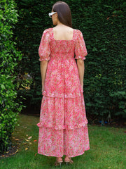 Pink Floral Fit and Flare Georgette Maxi Dress – Sweetheart Neck – Gathered Detail