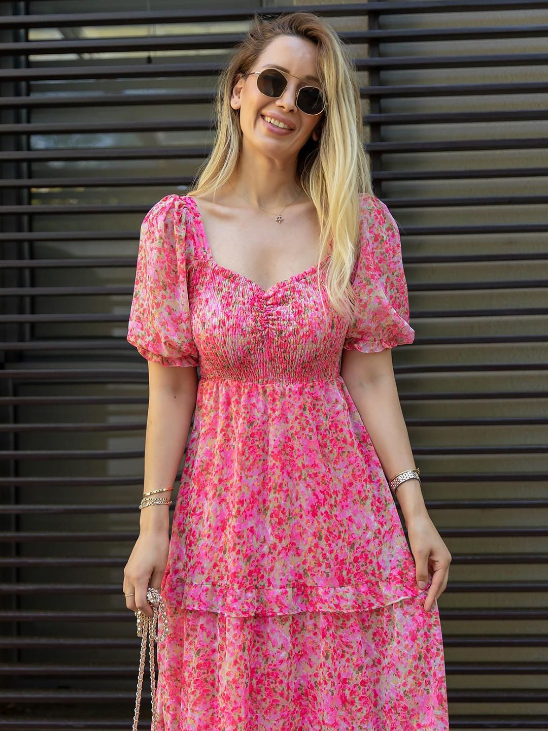 Pink Floral Fit and Flare Georgette Maxi Dress – Sweetheart Neck – Gathered Detail