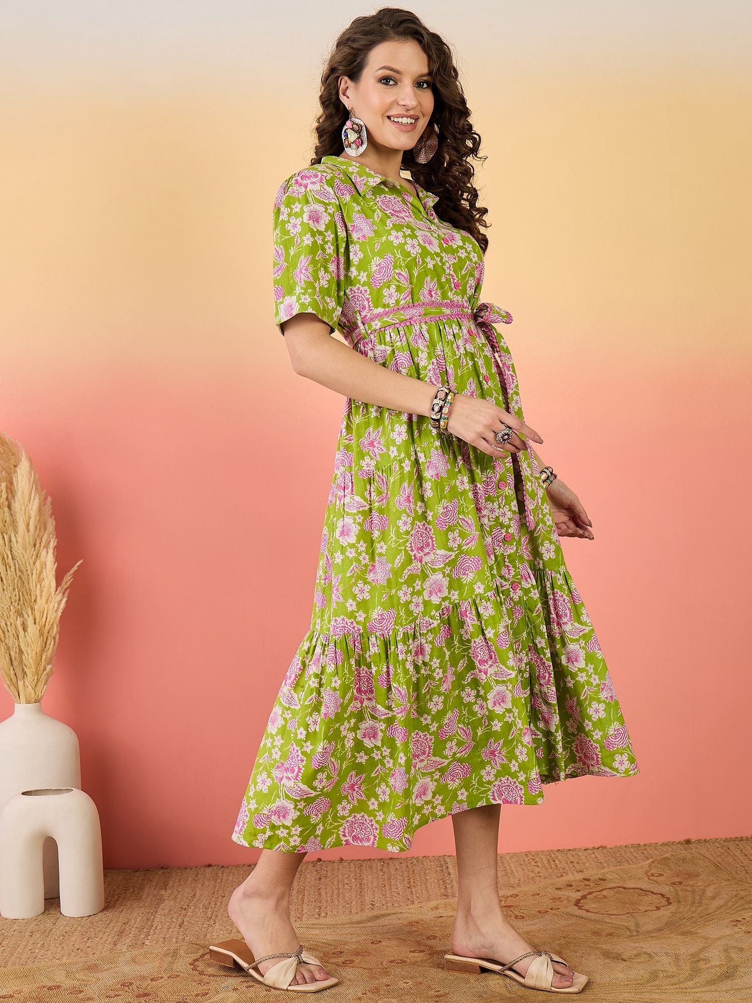 Green & Pink Floral Printed Cotton Maxi Dress – Shirt Collar – Lace Tiered