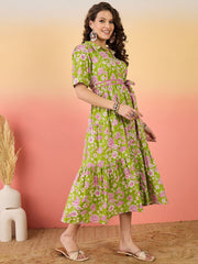 Green & Pink Floral Printed Cotton Maxi Dress – Shirt Collar – Lace Tiered