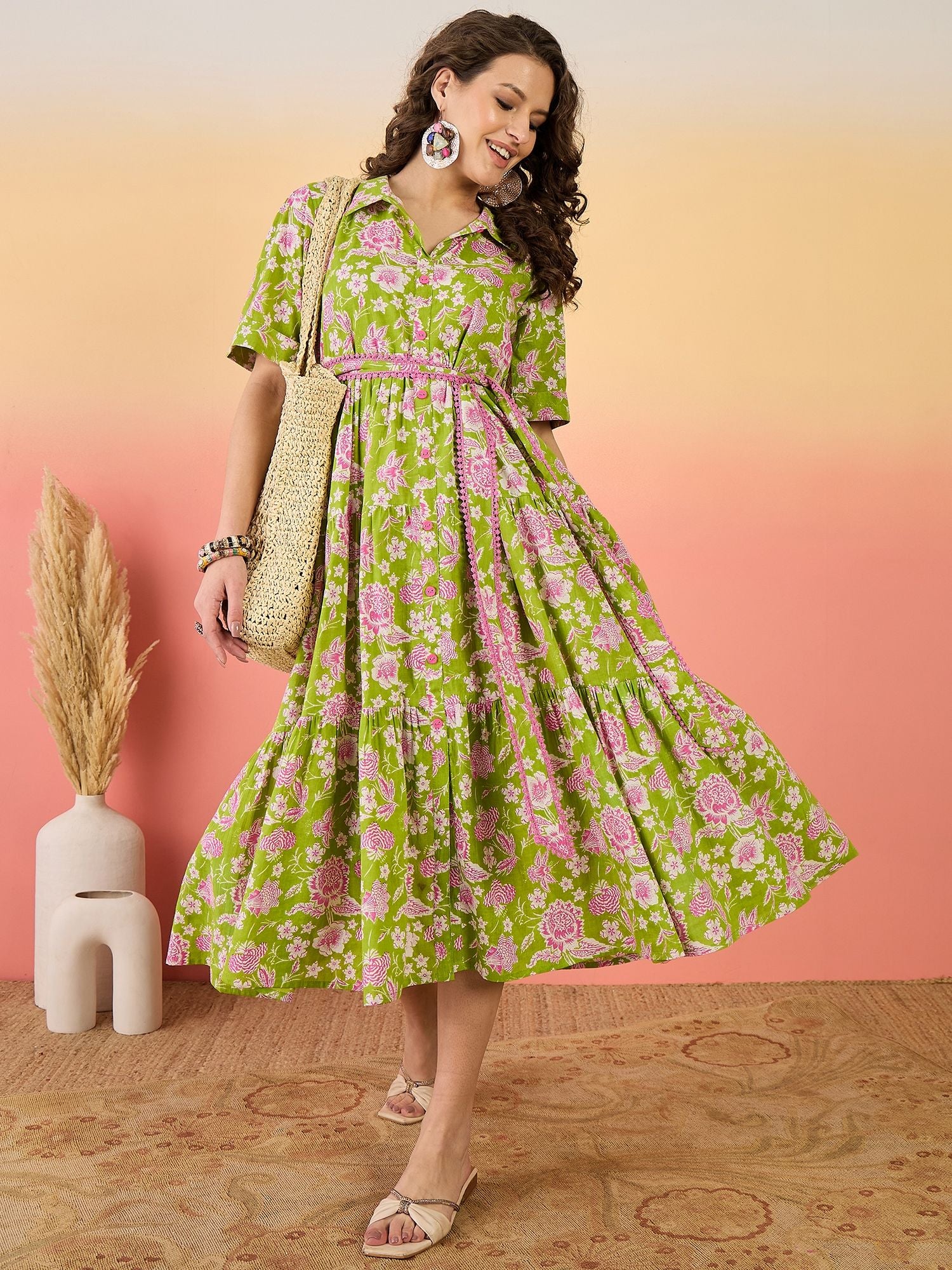 Green & Pink Floral Printed Cotton Maxi Dress – Shirt Collar – Lace Tiered
