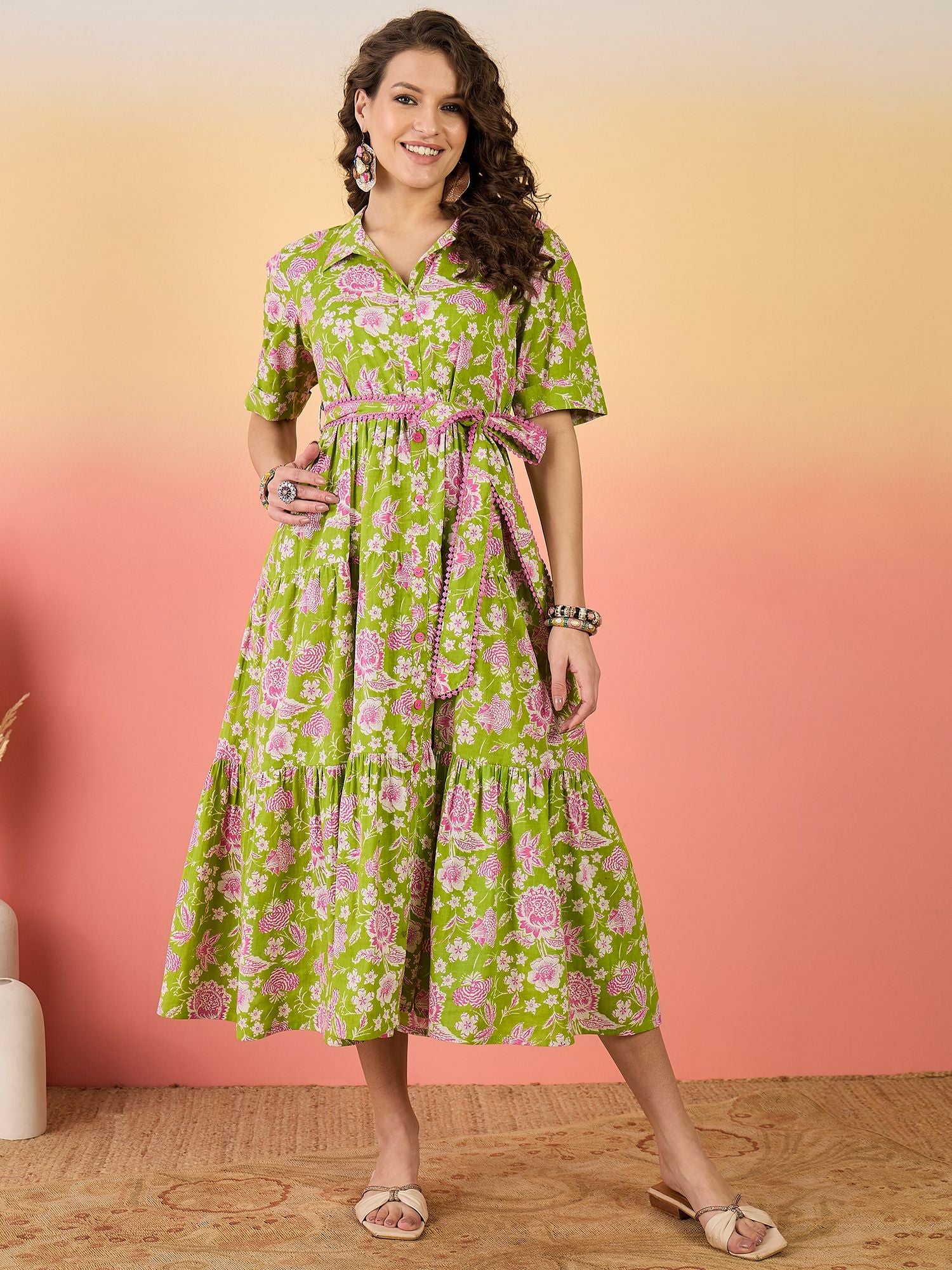 Green & Pink Floral Printed Cotton Maxi Dress – Shirt Collar – Lace Tiered