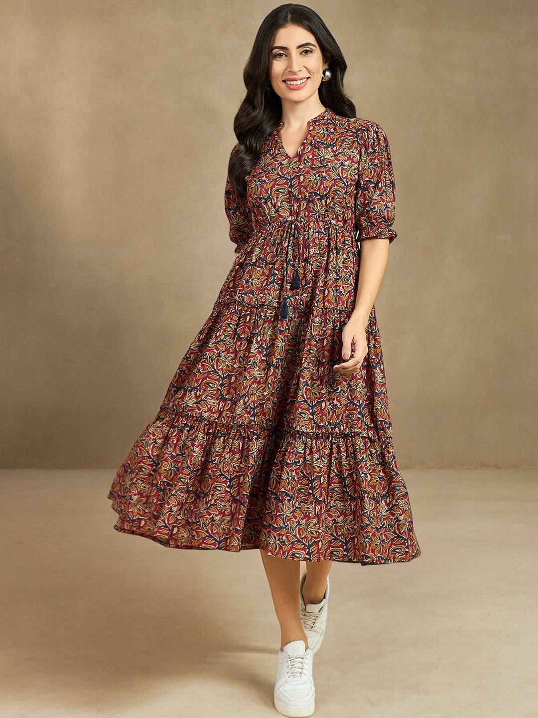 Brown Ethnic Motif Print Cotton A-Line Midi Dress – Mandarin Collar – Puff Sleeves