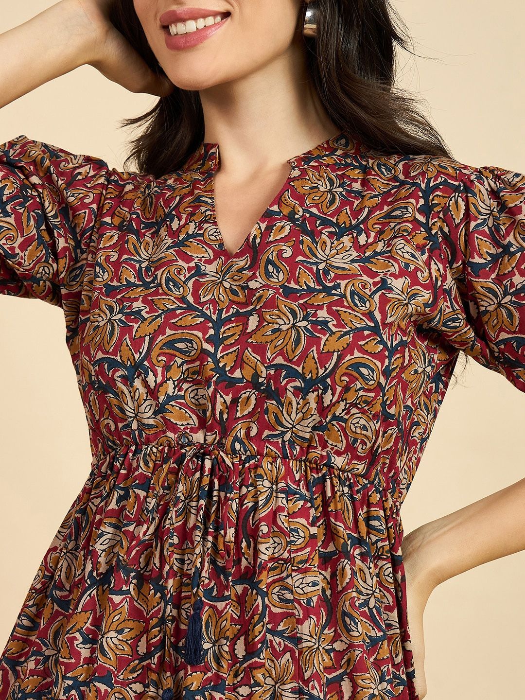 Brown Ethnic Motif Print Cotton A-Line Midi Dress – Mandarin Collar – Puff Sleeves