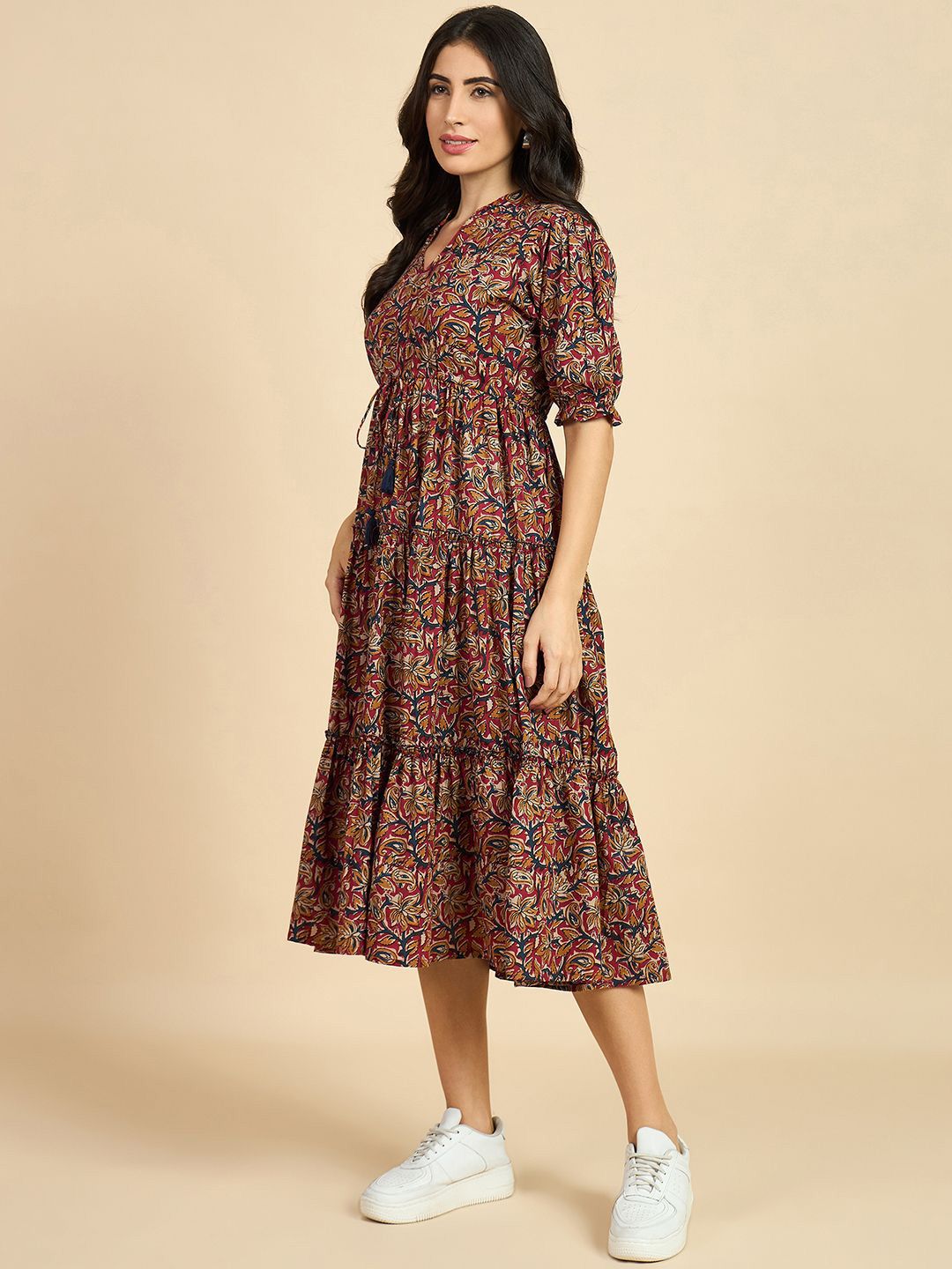 Brown Ethnic Motif Print Cotton A-Line Midi Dress – Mandarin Collar – Puff Sleeves