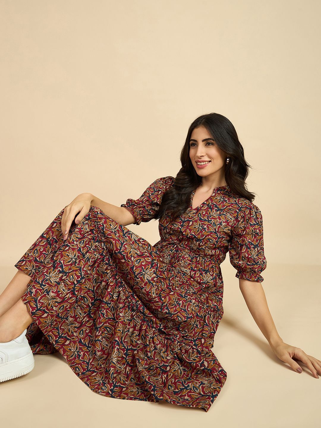 Brown Ethnic Motif Print Cotton A-Line Midi Dress – Mandarin Collar – Puff Sleeves