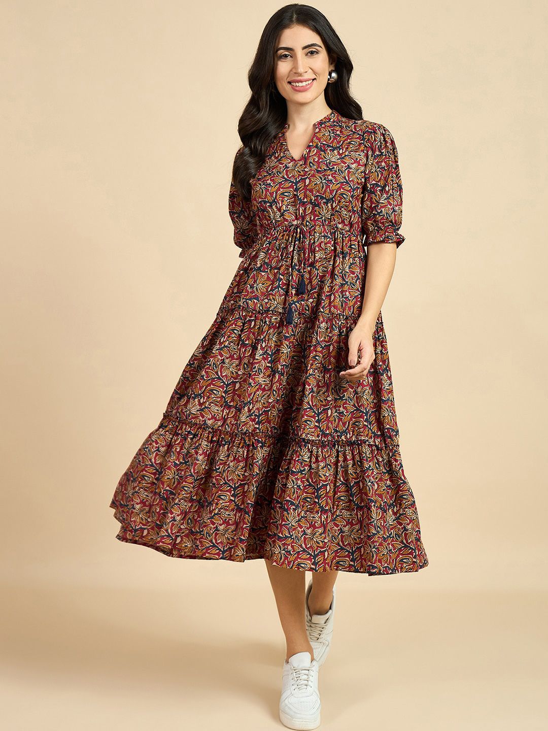 Brown Ethnic Motif Print Cotton A-Line Midi Dress – Mandarin Collar – Puff Sleeves