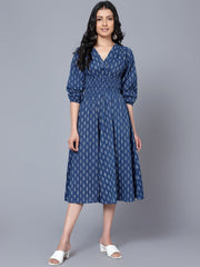 Blue Ethnic Motifs Cotton A-Line Midi Dress – V-Neck – Printed