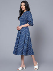 Blue Ethnic Motifs Cotton A-Line Midi Dress – V-Neck – Printed