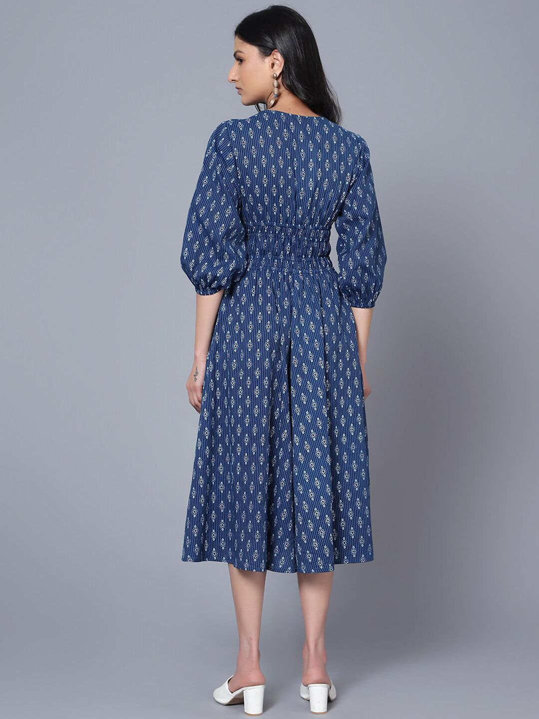 Blue Ethnic Motifs Cotton A-Line Midi Dress – V-Neck – Printed