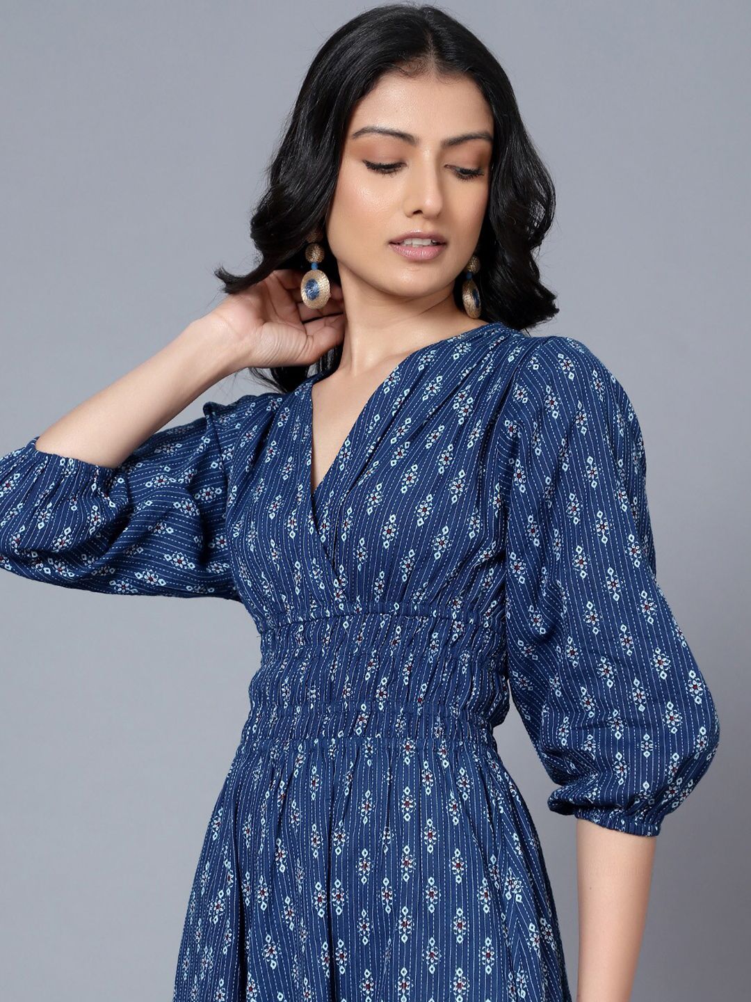 Blue Ethnic Motifs Cotton A-Line Midi Dress – V-Neck – Printed