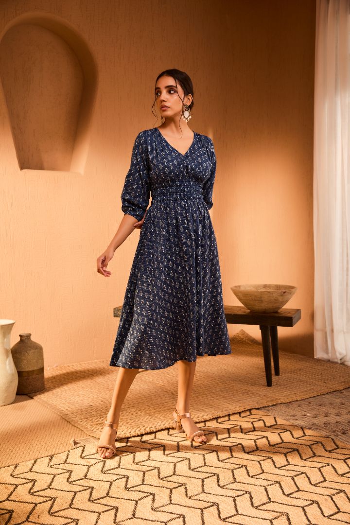 Blue Ethnic Motifs Cotton A-Line Midi Dress – V-Neck – Printed