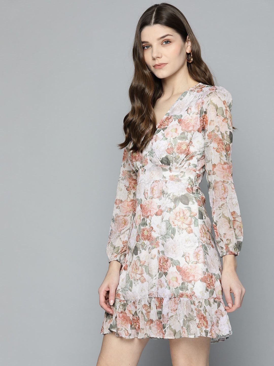 Floral A-Line Chiffon Dress – Round Neck – Frill Hem