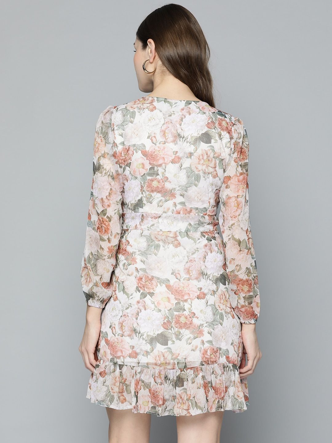 Floral A-Line Chiffon Dress – Round Neck – Frill Hem