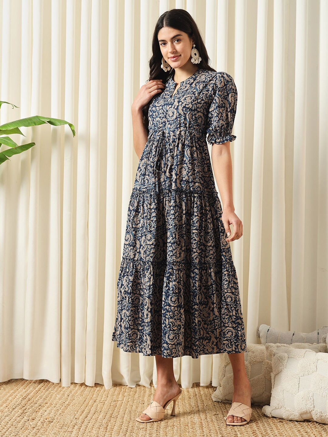 Blue Floral Print Cotton Fit and Flare Dress – Mandarin Collar – Puff Sleeves