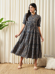 Blue Floral Print Cotton Fit and Flare Dress – Mandarin Collar – Puff Sleeves