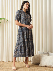 Blue Floral Print Cotton Fit and Flare Dress – Mandarin Collar – Puff Sleeves