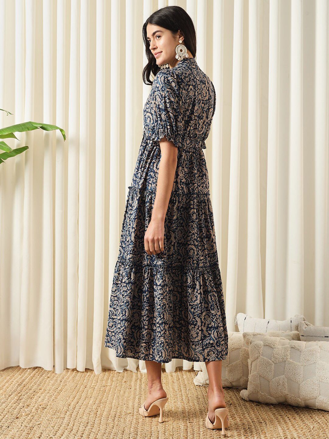 Blue Floral Print Cotton Fit and Flare Dress – Mandarin Collar – Puff Sleeves
