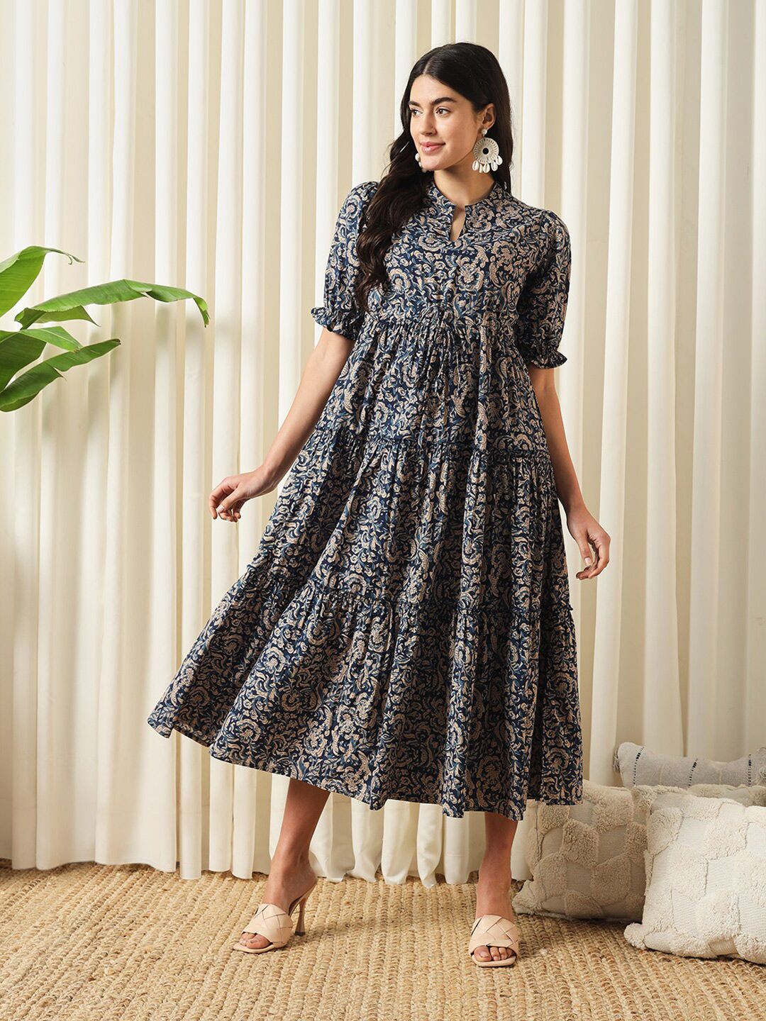 Blue Floral Print Cotton Fit and Flare Dress – Mandarin Collar – Puff Sleeves