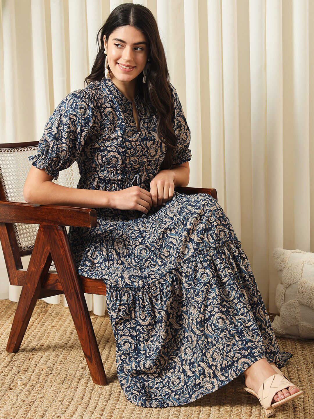 Blue Floral Print Cotton Fit and Flare Dress – Mandarin Collar – Puff Sleeves