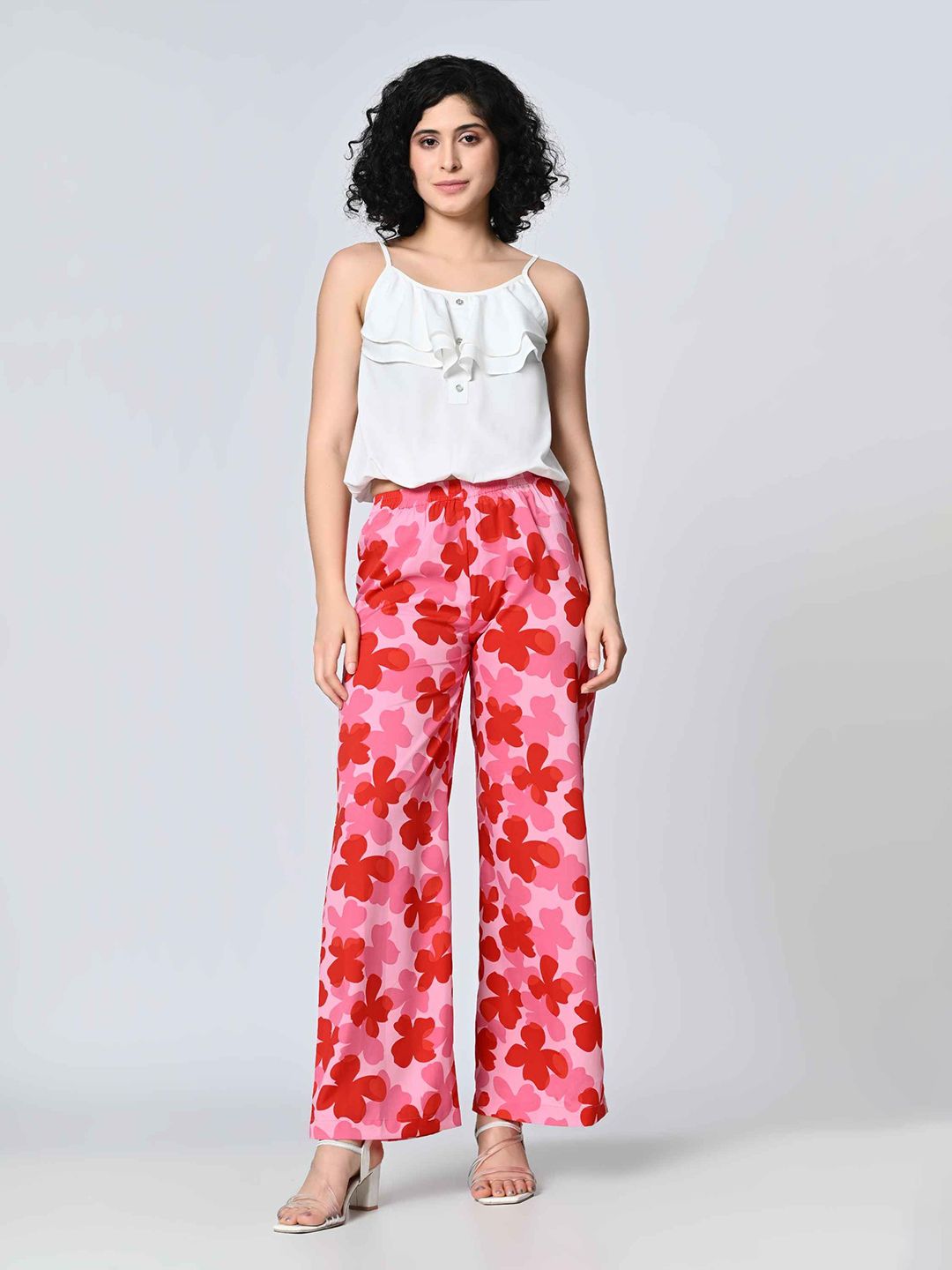 Pink & Red Floral Printed Crepe Palazzos – Elasticated Waistband – Woven