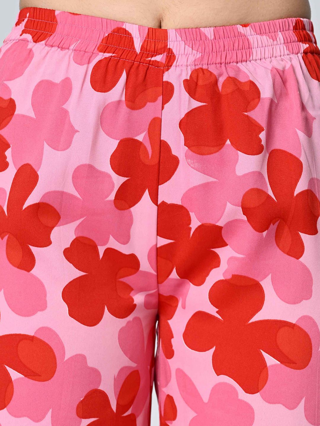 Pink & Red Floral Printed Crepe Palazzos – Elasticated Waistband – Woven