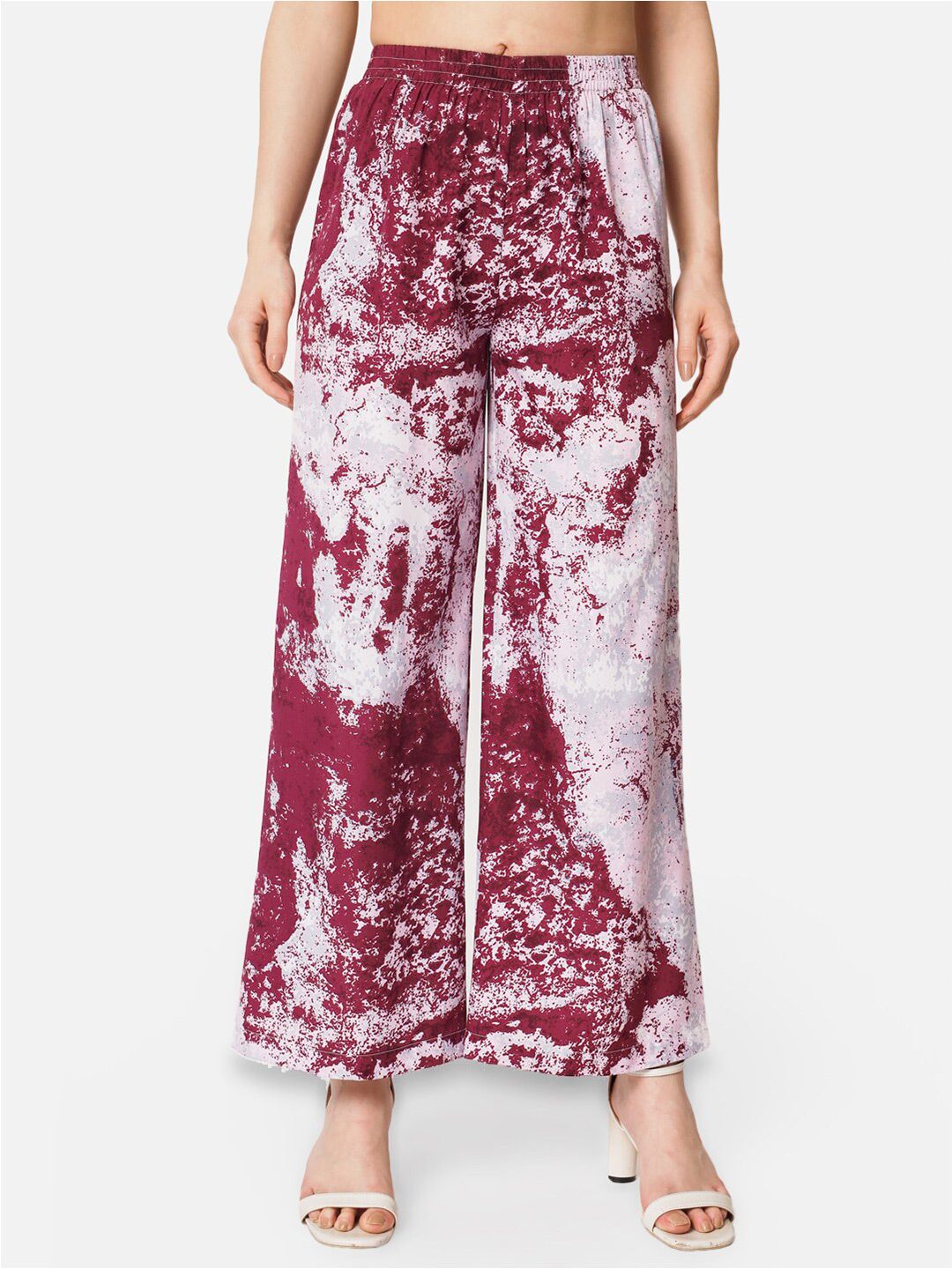 Maroon & White Tie and Dye Crepe Palazzos – Elastic Waistband – Printed
